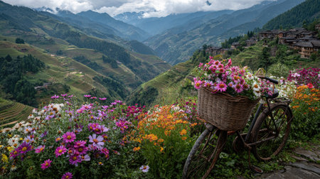 A scenic view shows a bicycle with a basket overflowing with flowers. The foreground features a vibrant display of pink, purple, and orange blooms. In the background, rolling hills and mountains create a picturesque landscape, suggesting a day outdoors. The image is suitable for various commercial uses.の素材