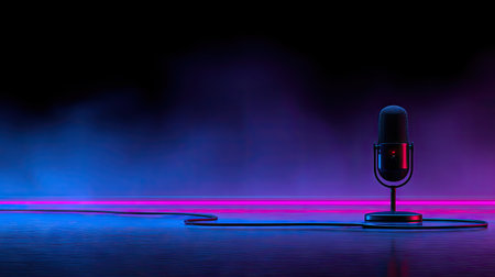 A sleek, contemporary microphone stands centered in a darkened environment. The scene is illuminated with vibrant blue and pink neon lighting, casting colorful hues and a sense of depth. The lighting highlights the microphone's structure. This visual could be used for content creation, audio projects, or other conceptual purposes.の素材