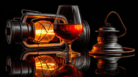 An inviting composition showcases a glass of amber liquid alongside two antique light fixtures. The image features rich, warm colors, highlighting textures and reflective surfaces against a dark backdrop. The scene suggests a refined indoor setting, potentially suitable for advertising or editorial content. The lighting creates a dramatic effect.の素材