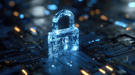 A luminous padlock is centrally positioned against a backdrop of a circuit board. The image presents a cool color palette with highlights of blue and gold. The composition uses depth of field to emphasize the padlock and its digital context. Suitable for articles related to online security and data protection.の素材