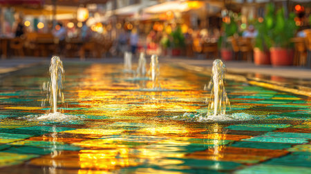 The image captures a fountain in a public space, featuring multiple water jets against a mosaic surface. The composition showcases a range of colors and textures. Soft focus effects create a blurred background, suggesting a lively setting with people. Suitable for various visual projects and potential commercial applications.の素材