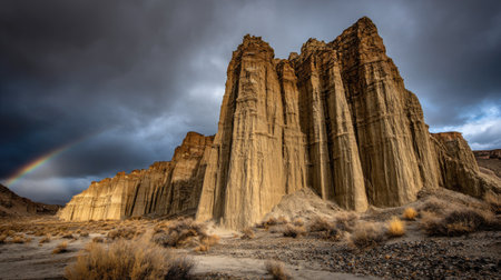 Gigantic sandstone formations stand prominently against a dark, cloudy sky. A rainbow arc graces the scene, adding color to the rugged terrain. The composition emphasizes texture and natural light, suitable for various editorial and commercial applications. The open space allows for integration of text or design elements.の素材