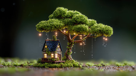 A miniature house sits under a large tree with small lights hanging from the branches. The image features a shallow depth of field, with soft focus on the background. The scene suggests a magical or fantasy environment. It may be suitable for illustrations, digital art, or conceptual design projects.の素材