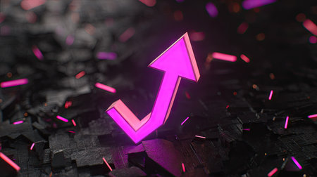 A vibrant pink arrow symbol ascends against a textured dark backdrop. The image features a shallow depth of field, with glowing particles scattered throughout. The composition is dynamic and suggests growth. Suitable for various design projects, this image could be used to illustrate concepts related to progress.の素材