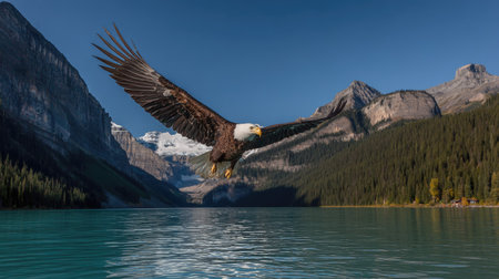 An eagle with outstretched wings flies over a reflective turquoise lake. The scene showcases a mountainous backdrop and clear blue sky. The composition emphasizes natural beauty, with sunlight illuminating the details. Suitable for illustrating travel, conservation, or environmental themes.の素材