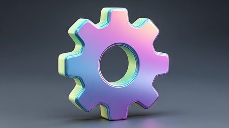 A close-up illustration depicts a metallic gear icon. The object has a smooth, reflective surface with iridescent color gradients of purple, blue, and green. The object is positioned against a contrasting dark background. It could be used in design projects, presentations, and digital marketing materials.の素材