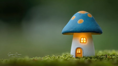 A whimsical miniature mushroom house is the focal point, featuring a blue and orange cap and glowing windows. The house rests on a bed of green moss, with a softly blurred green backdrop. The scene evokes a sense of fantasy and could be suitable for illustrations, advertising, or design projects.の素材