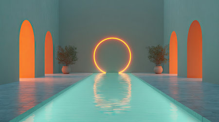 This image showcases a contemporary interior design featuring a reflective pool leading towards an illuminated circle. The scene incorporates archways and potted plants, all bathed in soft, ambient lighting. The overall composition suggests a tranquil atmosphere, suitable for various editorial and commercial applications.の素材
