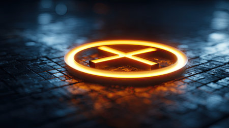 A close-up view presents an illuminated symbol featuring a cross within a circular border. The neon-orange glow contrasts against a dark, textured background. The image has a low depth of field, highlighting the central object. Potential uses include designs or visual elements for digital media or abstract illustrations.の素材