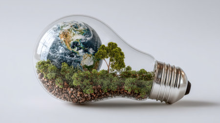 An image showcases a lightbulb containing a miniature Earth model with trees and vegetation. The composition features a white background, highlighting the transparent bulb's contents. The arrangement suggests an environmental theme and the need for sustainable practices. The visual is suitable for use in various editorial and commercial applications.の素材