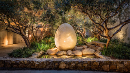 A large stone egg sculpture stands prominently in a tranquil garden, surrounded by a water feature and flourishing greenery. The composition showcases warm lighting and earthy tones, with a focus on natural textures and forms. Suitable for use in various commercial and editorial contexts related to art, nature, and design.の素材