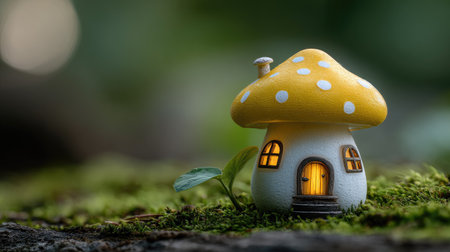 A whimsical miniature mushroom house is the focal point, its yellow and white design contrasting with the green mossy ground. Warm interior lighting glows from the windows and door, suggesting an inviting atmosphere. The soft focus and natural lighting create a dreamlike quality suitable for various creative projects.の素材