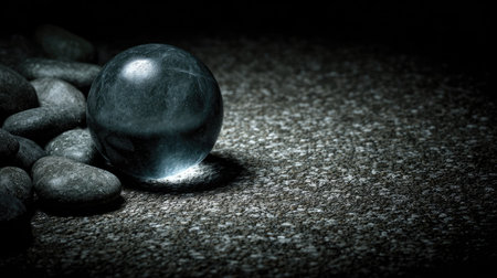 A dark, enigmatic image showcases a polished orb resting near several stones. The scene features contrasting textures of smooth and rough surfaces, accentuated by dim lighting. This composition could be used in various commercial applications, including editorial designs, websites, or promotional material for abstract concepts.の素材