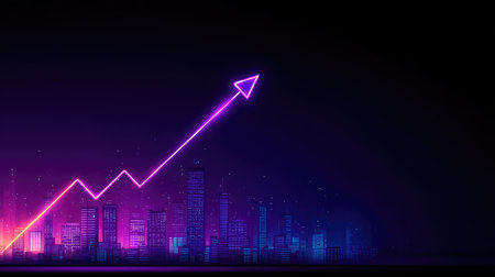 An illuminated neon arrow ascends above a cityscape, symbolizing growth and progress. The image showcases vibrant hues of purple and pink against a dark backdrop. The visual composition suggests an urban setting at night with artificial lighting, suitable for financial, technological, or conceptual illustrations.の素材