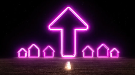 An illuminated neon arrow ascends above a row of small house silhouettes. The vibrant pink against the dark backdrop creates a dynamic visual. The composition utilizes a low-angle shot with a subtle reflection. This image could be suitable for promotional materials or visual representations within the financial or property sector.の素材