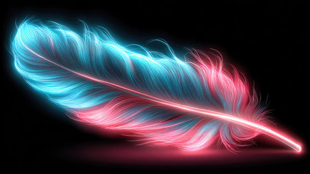 A vibrant illustration showcases a feather illuminated with neon blue and pink hues. The image features a dark background which enhances the glowing effect. It can be used for artistic design, graphic projects, digital art, or various commercial and editorial applications. The composition emphasizes the feather's texture and light play.の素材