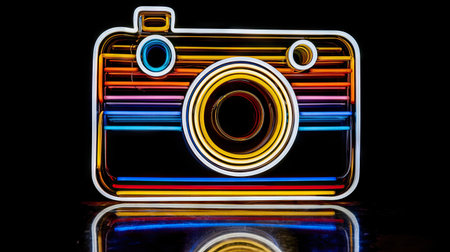 A vibrant neon camera illustration glows against a stark black backdrop. The image showcases colorful lines and circular forms, suggesting a modern and digital aesthetic. The composition highlights the camera's iconic silhouette, hinting at themes of photography and visual media. It can be used for various design projects.の素材