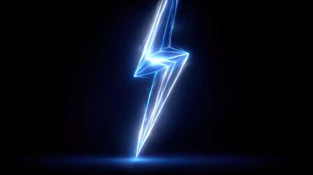 A vibrant blue lightning bolt illuminates against a dark background, creating a dramatic visual contrast. The graphic emphasizes geometric lines and a futuristic design style. This composition would be ideal for use in technology-related concepts, design projects, or editorial content.の素材