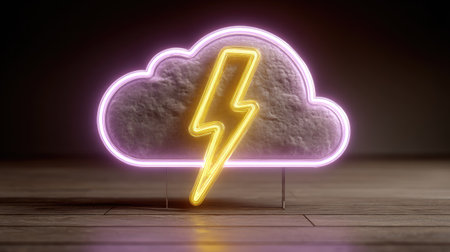 A glowing neon cloud shape frames a bright yellow lightning bolt against a textured background. The image presents a stylized weather concept, using vibrant colors and contrasting textures. The composition uses a shallow depth of field, suggesting a studio setting, suitable for various promotional or illustrative applications.の素材