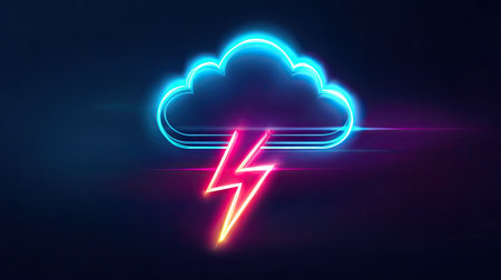 A vibrant illustration showcases a neon cloud shape with a striking lightning bolt. The composition features a vivid color palette of blues, pinks, and yellows against a dark backdrop. The design employs a glowing effect, suggesting a digital or technological context suitable for various commercial applications and visual projects.の素材