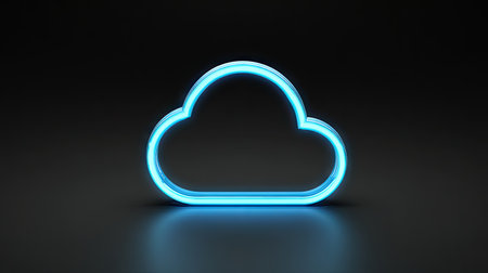 A glowing cloud-shaped neon light icon is centered against a dark background, creating a visual for digital storage and computing. The image uses a minimalistic style with a bright blue hue that highlights the subject. Suitable for concepts around technology, data, or cloud-based services with possible uses in design.の素材