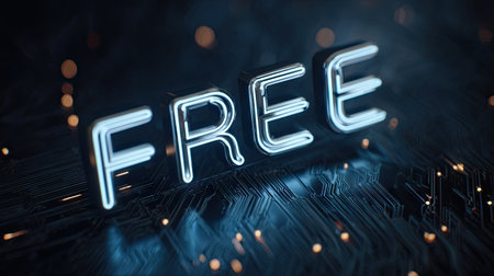 The image features a glowing neon sign displaying the word FREE. The sign is illuminated against a dark backdrop with a blurred bokeh effect, suggesting depth. The composition highlights the word in a modern style. Suitable for various design projects and commercial applications requiring visual elements.の素材