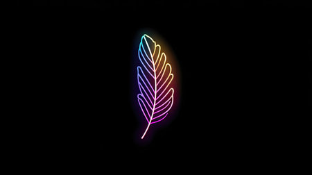 A vibrant neon feather illustration is set against a stark black backdrop. The feather's outline glows with a spectrum of colors. The style is modern, with a focus on simplicity and high contrast. This image could be used for various design projects, including graphics, or website elements.の素材