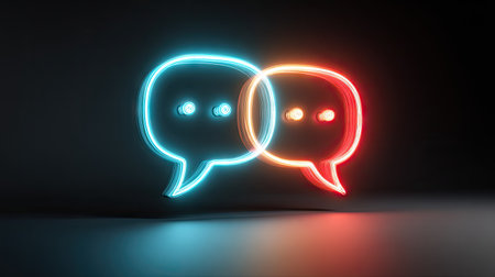 Two neon light chat bubbles overlap on a dark surface. The image presents a conceptual representation of communication, with vibrant blue and red glowing lines against a black background. The lighting emphasizes a futuristic or digital aesthetic suitable for various commercial uses.の素材