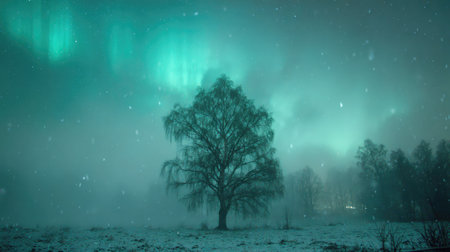 An ethereal nighttime scene showcases a solitary tree silhouetted against a backdrop of vibrant aurora borealis. The image presents a cool color palette with shades of blue and green, suggestive of a cold environment. This visual is suitable for a wide range of uses, from promotional materials to artistic endeavors.の素材
