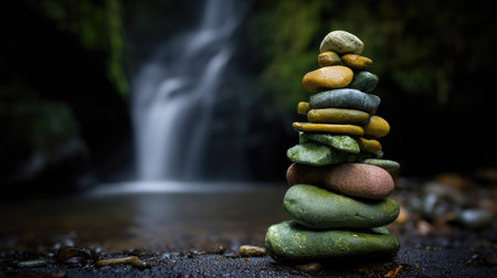 A pile of stones is carefully stacked, showcasing a harmonious composition. The image features a shallow depth of field, with the rocks in sharp focus and the backdrop of a blurred waterfall. Green and brown hues dominate the scene, suggesting a natural environment. Suitable for illustrations and editorial content.の素材
