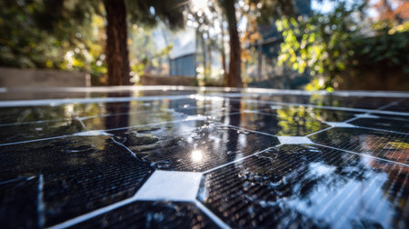 A close-up view presents a solar panel capturing sunlight. The panel exhibits a geometric pattern with reflective surfaces. The scene features blurred background foliage under bright, natural lighting. Suitable for illustrating renewable energy concepts, this image could serve commercial purposes like environmental reports or sustainable technology publications.の素材