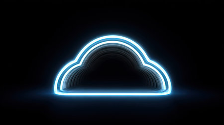 A luminous, stylized cloud shape glows against a stark black background. The artwork uses a neon effect, highlighting the form in bright blue lines. The composition features a simple, modern design emphasizing a digitally created appearance. This imagery is suitable for various applications related to data, concepts, and communication.の素材