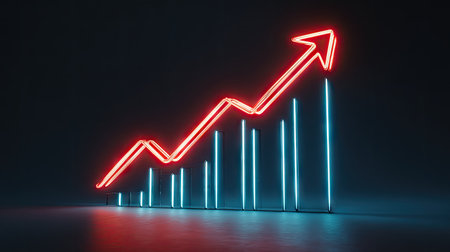 An illuminated neon graph depicts an upward trend with a red arrow. The image showcases blue vertical lines representing data values. The dark background enhances the vivid colors of the graphics. The image is suitable for illustrating concepts of business, finance, or market growth for various commercial applications.の素材
