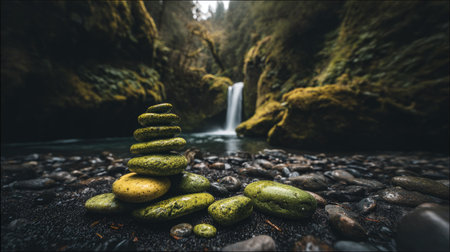 A close-up view depicts a stack of stones, likely for meditation or balance, in front of a small waterfall. The scene features lush green moss on the canyon walls, with dark rocks and pebbles in the foreground. The composition highlights natural textures and colors, suitable for environmental or wellness-related projects.の素材
