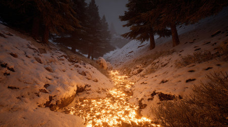 A nighttime scene features a snowy landscape with a stream of light cascading down a valley. The warm glow of the stream contrasts with the cool tones of the snow and dark silhouettes of the forest trees. This image could be suitable for various commercial or editorial applications.の素材