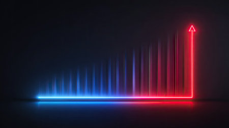 A bar graph illuminates against a dark backdrop with vibrant neon lights. The bars gradually increase in height from left to right, culminating in a red arrow pointing upwards. The composition displays a modern aesthetic with smooth, glowing textures. Suitable for illustrating progress, success, and financial concepts.の素材