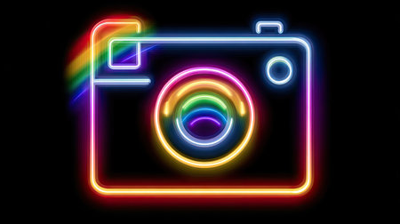 A vibrant illustration showcases a neon-style camera against a stark black backdrop. The image features bright, glowing lines in various colors, creating a striking visual effect. This digital art piece could be used for various projects including design, advertising, and editorial content relating to photography or creative concepts.の素材