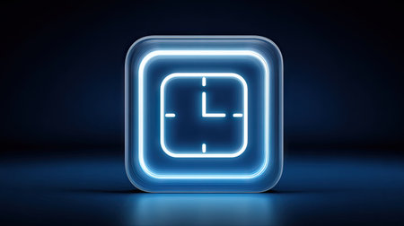 A glowing neon clock icon is centrally displayed on a dark background. The bright blue light gives a futuristic appearance. The composition emphasizes the icon, while the gradient background provides depth. This image is suitable for various commercial uses, illustrating concepts such as time management and deadlines.の素材