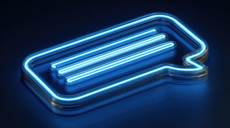 A neon chat bubble illuminates against a dark backdrop. The image showcases a futuristic style with vibrant blue hues. The composition is simple, emphasizing the glowing lines and shape of the speech bubble. Suitable for illustrating online interactions, digital messaging, or communication themes in various applications.の素材