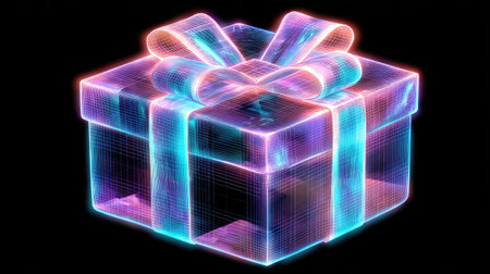 A vibrant digital illustration features a glowing gift box with a ribbon. The artwork showcases a neon color palette, with hues of blue, purple, and orange creating a futuristic visual effect. The subject is set against a dark backdrop, suitable for commercial projects or design elements.の素材