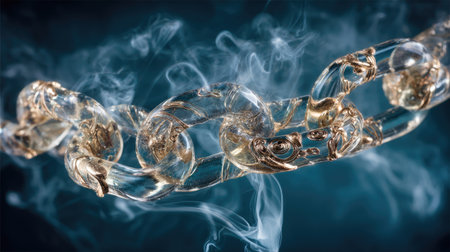 An artistic depiction presents a chain highlighted with light, possibly glass or transparent material, against a shadowy backdrop with smoke effects. The composition emphasizes texture, with the cool color palette enhancing the visual appeal. This could be used for various design, technology, or conceptual projects.の素材