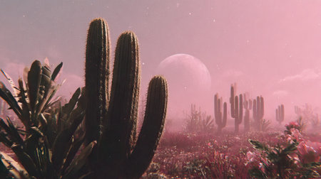 A surreal desert scene presents towering cacti under a soft, pink-hued sky. The composition emphasizes the cacti's textures against a backdrop featuring a large, spherical form and hazy details. The image evokes a sense of solitude and wonder, suitable for various editorial and conceptual applications.の素材