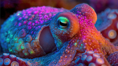 This image showcases a detailed close-up of an octopus, featuring vivid hues across its skin. The composition highlights the texture and form of the creature, with a focus on its eyes and tentacles. The colorful pattern suggests a marine environment. Suitable for artistic projects or illustrations.の素材