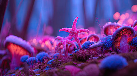 An ethereal underwater scene showcases pink starfish illuminated amidst colorful, glowing mushrooms. The composition uses a low-angle perspective with a soft, diffused lighting. The image evokes a fantastical environment with potential applications for design, illustration, and creative projects. The color palette incorporates shades of pink, blue, and purple.の素材