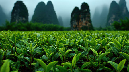 This image showcases a field of tea plants with lush green foliage, filling the foreground. The composition features a shallow depth of field, bringing the leaves into sharp focus. In the background, a series of rocky, tree-covered mountains are visible. This photograph could be useful for projects related to agriculture, environment, or wellness.の素材