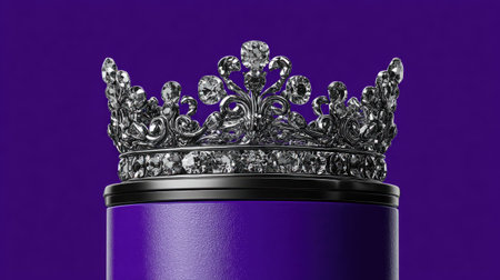 A silver crown, encrusted with diamonds, rests atop a cylindrical object. The composition features a bold color palette of purple and silver. The lighting is focused, suggesting a studio setting. The image is suitable for luxury branding, editorial content, and various design projects.の素材