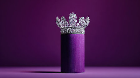 A radiant diamond crown rests upon a cylindrical purple pedestal, set against a dark purple background. The image showcases a highly detailed, luxurious object with brilliant sparkle and intricate design. The composition is clean and focused, hinting at opulence. Suitable for advertising, editorial, or promotional material relating to wealth or royalty.の素材
