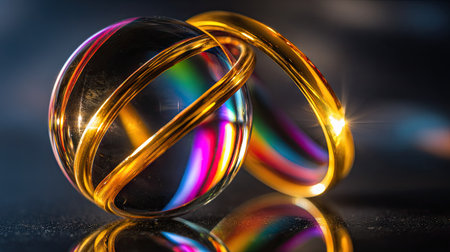 An abstract composition features a spherical form encircled by golden rings, reflecting a spectrum of colors. The smooth, glossy surface of the objects contrasts with a dark background. The scene showcases a play of light, creating a sense of depth and dimension, suitable for various design projects and commercial applications.の素材