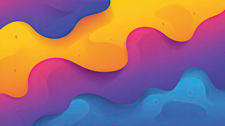 This image showcases an abstract background composed of flowing, overlapping shapes. The design features a gradient of colors including yellow, orange, blue, and purple, with smooth transitions. The composition suggests a dynamic and modern aesthetic, suitable for various commercial applications.の素材