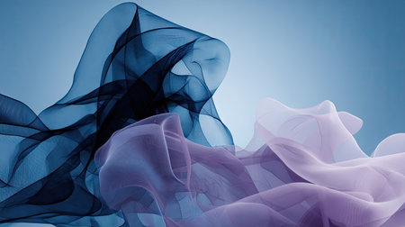 An abstract composition features flowing fabric in shades of blue and purple. The translucent material creates a sense of movement and depth against a light background. This artwork showcases soft textures and dynamic lines suitable for various visual projects and design applications.の素材